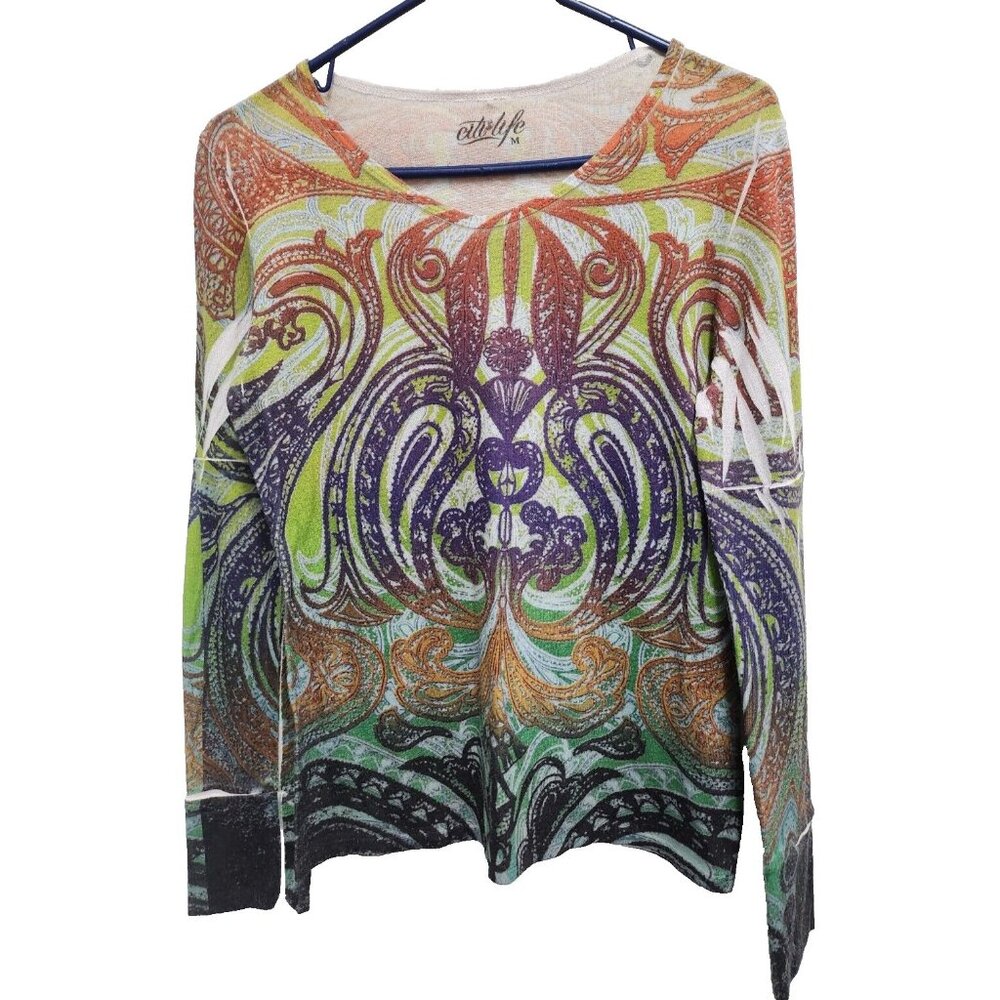 Citi Life Womens Wearable Art Top Medium Paisley Long Sleeve V-Neck Novelty